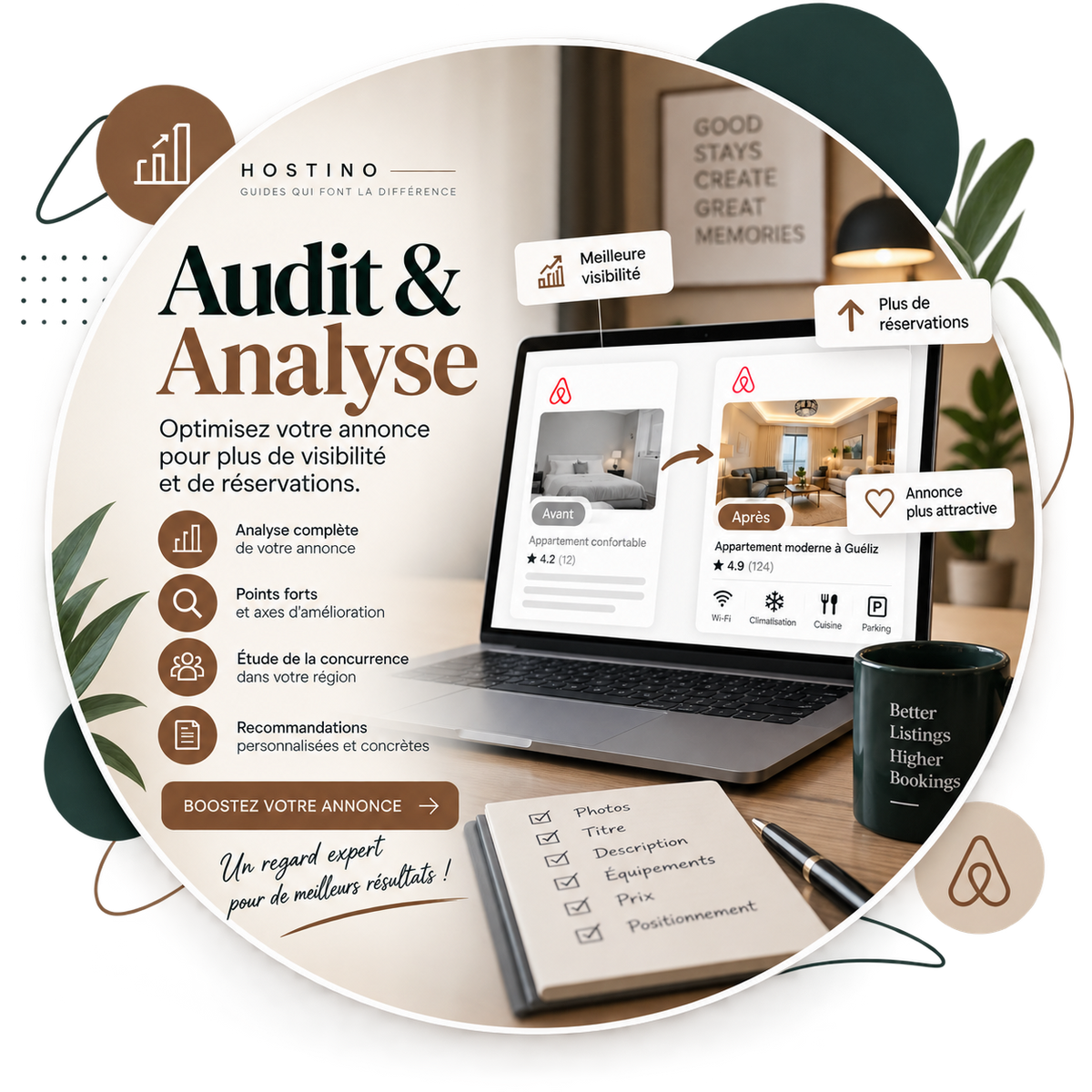 Illustration du service d'audit et d'analyse d'annonce Airbnb et Booking par Hostino